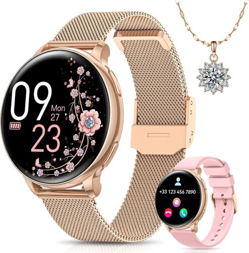 Ulteronixshop-Montre Connectée Femme avec Appel Bluetooth, 1.27"" Smartwatch avec Fréquence Cardiaque, Moniteur de Sommeil, Podomètre Calories, Spo2, 120+ Modes Sportifs Étanche IP68 Android iOS (Or)