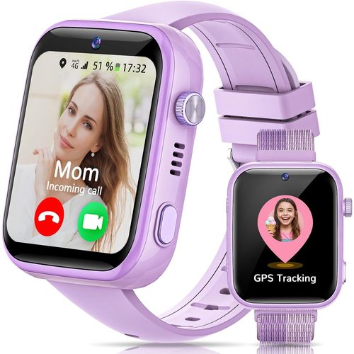4G Montre Connectée Enfants, Montre Telephone Enfant Écran HD de 1,83 Pouces, Appels, Appels Vidéo, Chat Vocal, WhatsApp, Wi-Fi, GPS, SOS, Étanche IP68, Mode École, Podomètre, Réveil (Violet)