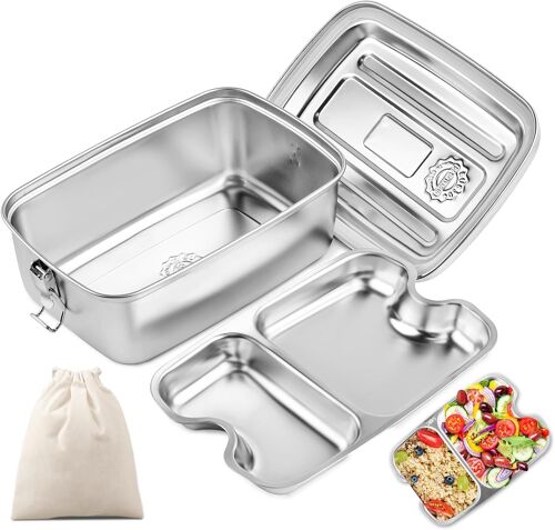 Kalanka-2000ml Boîte À Bento En Acier Inoxydable, Lunch Box Inox Avec Compartiment Et Sac, Anti Fuite, Passe Au Lave-Vaisselle, Pour Pique Nique, Travail, Ecole-2 Grilles
