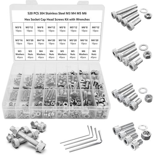 MEVRONISSHOP-Vis et Ecrou M3/M4/M5/M6 520PCS Kit Assortiment Vis Boulons Vis à Tête Cylindrique à Six Pans Creux Jeu de en Acier Inoxydable 304 avec écrous Rondelles