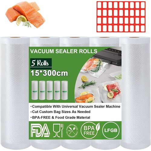 Kalanka-Rouleau Sous Vide Alimentaire, 5 Rouleaux 15cm X 3m/Rouleau Film Sous Vide Alimentaire, Approuvé Par La Fda, Lfgb, Sac Congelation Sous Vide, Compatible Avec La Scelleuse Sous Vide