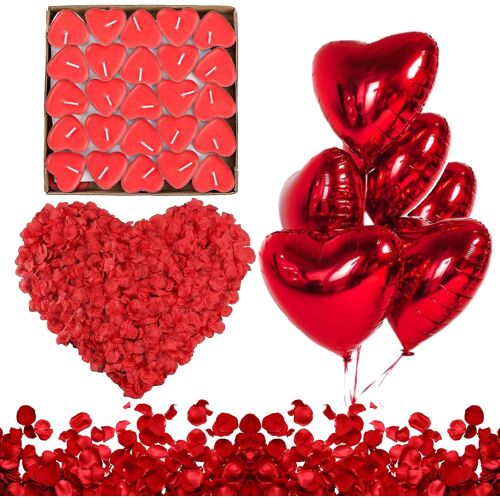 KALANKA-Bougies Romantiques et Pétales, Bougies Forme De Coeur D'amour, 50 Bougies en Forme de Coeur + 1000 Pétales de Rose Rouges en Soie, 6 Ballons Coeur Rouges - Décoration pour Mariage, Saint Val