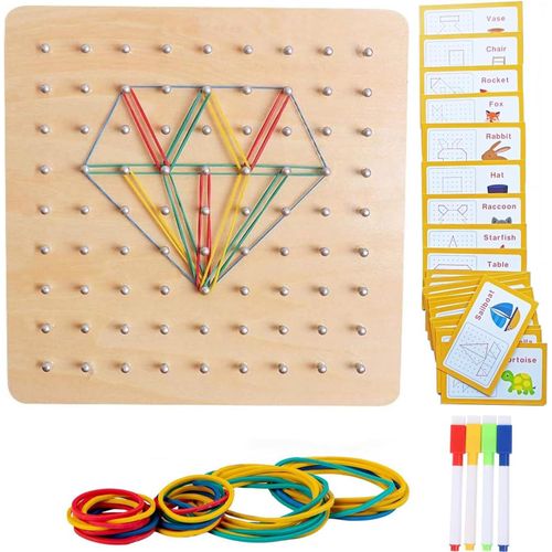 MDY-Jouet Montessori Géoboard en Bois Puzzle avec Cartes de Motifs et Rubber Band, 9x9 Épingles Pegboard Jeu Maternelle Forme Puzzle Learning Ressources Inspire l'Imagination Créativité Enfant (Type