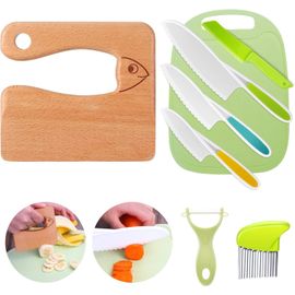 KALANKA-Set de 8 Couteaux pour Enfants - Couteaux Sécurisés pour Enfants à partir de 2 ans, Jouet Montessori. Ustensiles de Cuisine Enfant,Idéal pour Offrir(Couteau en Bois poisson)