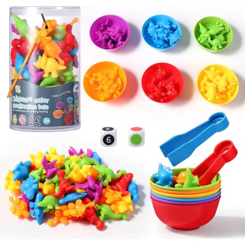 ChenQuanSarl-Montessori-48 Pièces Dinosaure Comptage Et Tri, Jouets Éducatifs Avec Gobelets, Dés Et Pinces Pour Apprendre À Compter Les Couleurs Motricité Fine, Jeux Montessori