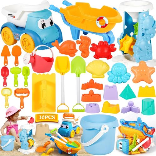 Eryi-Jouet De Plage, 30pcs Bac À Sable Jouets De Plage, Kit De Jeu De Plage Enfant Avec Sac En Filet, Roue À Eau,Pelle Rateau Plage Chateau,Moules À Sable Jouets Pour Enfants Intérieur Ou Extérieur