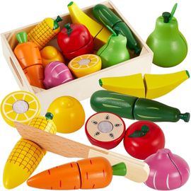 Jouets en Bois Fruits et Légumes à Découper, Jouet en Bois Cuisine avec Bois Panier, Jeux de Rôle Montessori, Enfants Cadeau Garçon Fille Bébé 18 Mois+