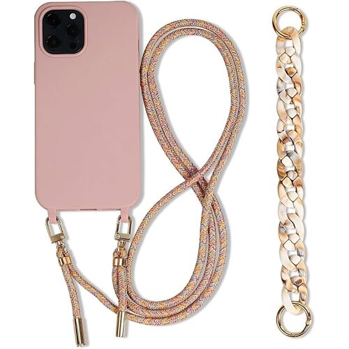 KAL-Coque Avec Cordon Pour Iphone 14 Plus 6.7"",Etui Pour Téléphone Portable Collier Corde Housse Silicone Antichoc Housse Pour Iphone 14 Plus Avec Chaîne Réglable Lanyard Cover-Rose Sable