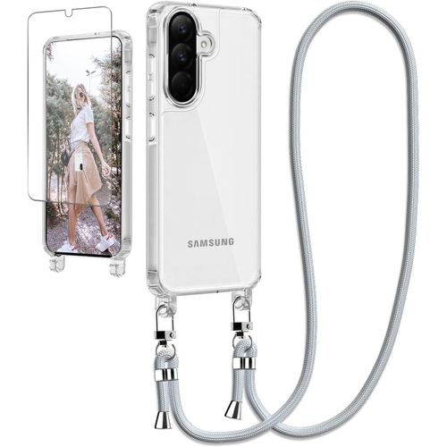 Kalanka-Ciciber Coque De Protection Pour Samsung Galaxy A56 5g - Avec Bande Et Film De Protection - Transparent - Avec Cordon De Suspension - Gris