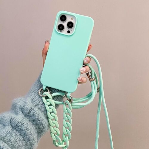 KAL-Chaîne De Téléphone Portable Compatible Avec Iphone 11 Pro Max - Coque Collier Avec Bande - Coque De Protection Avec Bande À Bandoulière - En Silicone Liquide - Avec Cordon - Lac Bleu