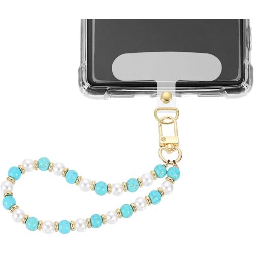 KAL-Bracelet De Téléphone Perlé, Lanière De Téléphone Sans Mains Bracelet Pour Téléphone Avec Attache Pour Portefeuille Porte-Clés Appareil Photo Casque, Bleu & Blanc