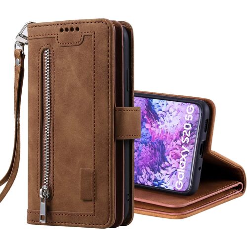 SJZG-Étui Portefeuille Rétro Pour Samsung Galaxy S20 - Avec 9 Fentes Pour Cartes - Poche Zippée, Fermeture Magnétique, Béquille Et Dragonne, Résistant Aux Chocs - Marron