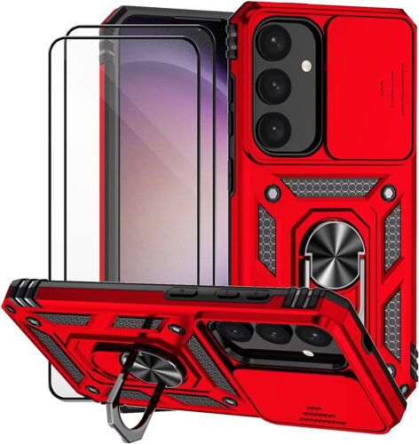 KAL-Coque Pour Samsung Galaxy S24 Avec Verre Trempélentille Coulissante Couverture Support D`Anneau Rotatif Armor Silicone Étui Antichoc Bumper- Rouge