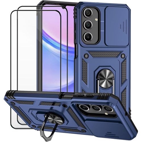 Coque Samsung Galaxy A16 5g - Cache Caméra Coulissant, Anneau Support Rotatif 360° Compatible Magnétique, Bumper Tpu+Pc & 2 Verres Trempés - Bleu