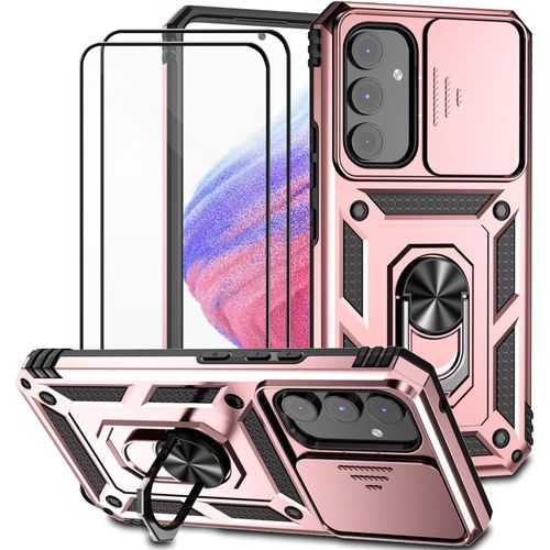 Coque Samsung Galaxy A54 5g - Housse Antichoc Silicone Bumper Avec Cache Objectif Coulissant, Support Anneau Rotatif 360° Et 2 Verres Trempés - Rose