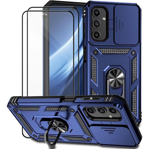 Coque Samsung Galaxy A24/A25 5g Bleue - Bumper Armor Silicone Antichoc, Cache Lentille Coulissant, Anneau Rotatif 360° + 2 Verres Trempés