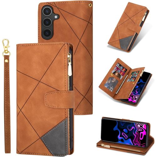 Kal-Coque Pour Samsung Galaxy A36 5g, Etui En Cuir Pu Portefeuille Rétro Antichoc Flip Case Antichoc Housse Avec Fentes De Cartes Fonction Support, Fermeture Magnétique, Diamant Brun