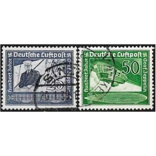 Allemagne, 3ème Reich 1938, Centenaire De La Naissance Du Comte Von Zeppelin, Beaux Timbres De Poste Aérienne Yvert 57 La Comte Zeppelin Et 58 Nacelle D'Un Dirigeable "Moderne", Oblitérés, Tbe -