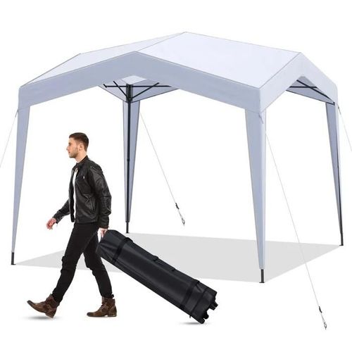 Costway Tonnelle Pliable 302 X 302 Cm - Sac À Roulettes Portable 4 Cordes À Vent - Protection Solaire Pour Plage, Fête, Camping