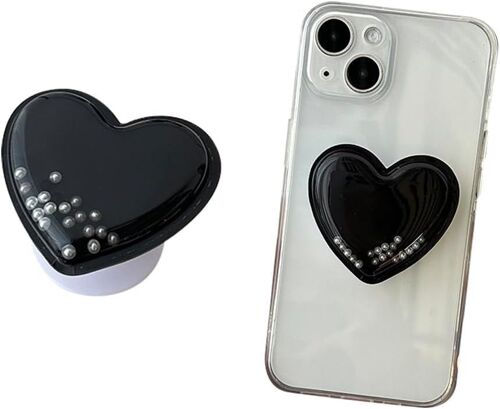 KAL-Support Téléphone En Forme De Coeur Avec Perles Prise En Main Sécurisée Pour Mobile Accessoire Téléphone Portable Support Universel Pour Smartphone(Black)