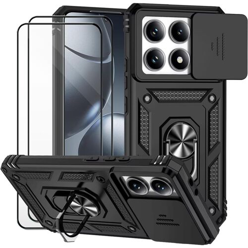 KALANKA-Coque pour Xiaomi 14T Pro/Xiaomi Mi 14T Pro et 2 pièces Verre trempé Lentille Coulissante Couverture Support d`Anneau Rotatif Armor Silicone Étui Antichocr Robuste Durable-Noir