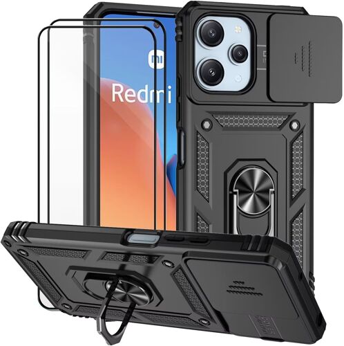 KALANKA-Coque pour Xiaomi Redmi 12/Redmi 12 5G avec Verre TrempéLentille Coulissante Couverture Support d`Anneau Rotatif Armor Silicone Étui Antichoc Housse Bumper-Noir