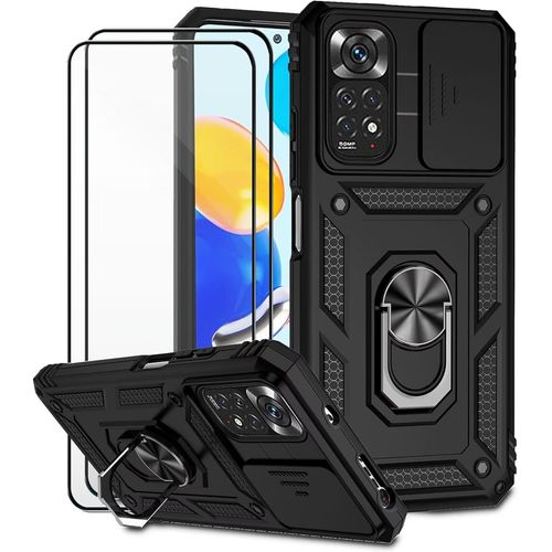 Coque pour Xiaomi Redmi Note 11S 4G/Xiaomi Redmi Note 11 4G avec Verre TrempéLentille Coulissante Couverture Support d'Anneau Rotatif Armor Silicone Étui Antichoc Housse Bumper-Noir