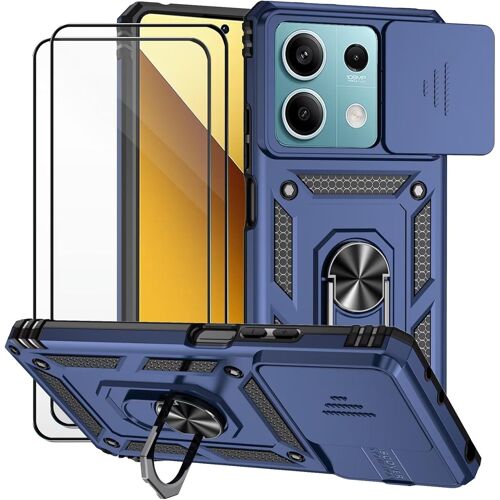 KAL-Coque Pour Xiaomi Redmi Note 13 5G Et 2 Pièces Verre Trempé Lentille Coulissante Couverture Support D`Anneau Rotatif Armor Silicone Étui Antichocr Robuste Durable- Bleu