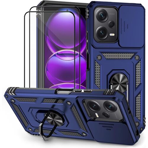 JGD-Coque pour Xiaomi Redmi Note 12 Pro 5G/Poco X5 Pro 5G avec Verre TrempéLentille Coulissante Couverture Support d¿Anneau Rotatif Armor Silicone Étui Antichoc Housse Bumper- Bleu