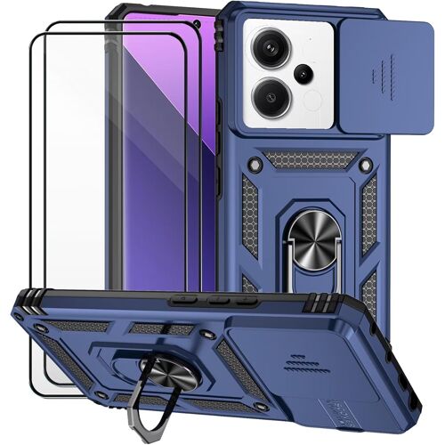 KALANKA-Coque pour Xiaomi Redmi Note 13 Pro 5G et 2 pièces Verre trempé Lentille Coulissante Couverture Support d`Anneau Rotatif Armor Silicone Étui Antichocr Robuste Durable- Bleu