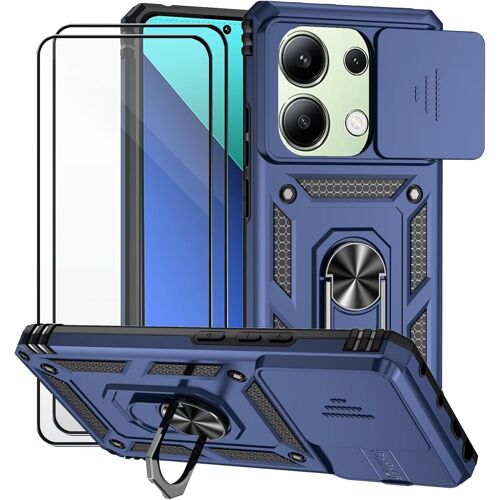 KAL-Coque Pour Xiaomi Redmi Note 13 Pro 4G Et 2 Pièces Verre Trempé Lentille Coulissante Couverture Support D`Anneau Rotatif Armor Silicone Étui Antichocr Robuste Durable- Bleu