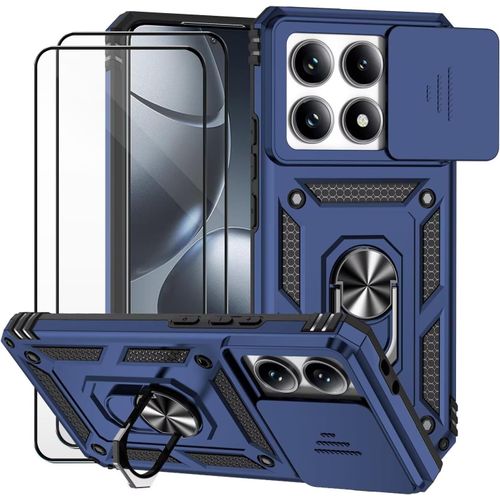 Coque Anti¿Choc Silicone Armor Pour Xiaomi 14t Pro / Mi 14t Pro - Couvercle Caméra Coulissant, Anneau Rotatif 360° Support Magnétique, 2 Verres Trempés - Bleu