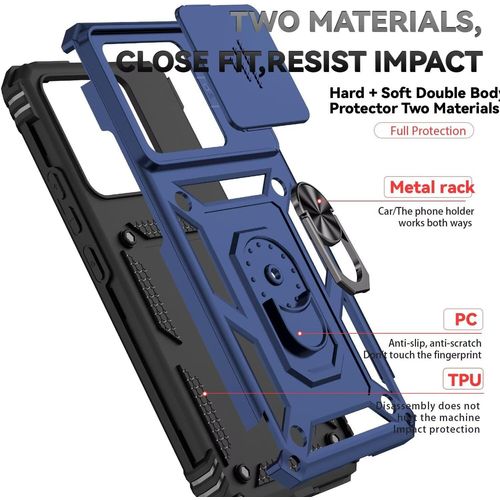 Coque Pour Xiaomi 14t Pro/Xiaomi Mi 14t Pro Et 2 Pièces Verre Trempé Lentille Coulissante Couverture Support D`Anneau Rotatif Armor Silicone Étui Antichocr Robuste Durable- Bleu