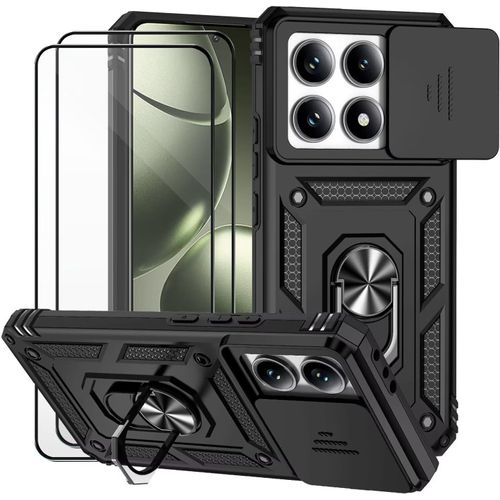 Coque Pour Xiaomi 14t / Mi 14t ¿ Protection Caméra Coulissante + Anneau Support Rotatif 360° ¿ Tpu/Pc Renforcée Avec 2 Verres Trempés ¿ Noir