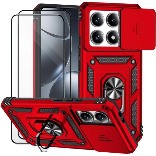 KALANKA-Coque pour Xiaomi 14T Pro/Xiaomi Mi 14T Pro et 2 pièces Verre trempé Lentille Coulissante Couverture Support d`Anneau Rotatif Armor Silicone Étui Antichocr Robuste Durable- Rouge