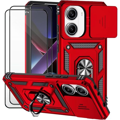 KALANKA-Coque pour Xiaomi PoCo X7 Pro 5G/Turbo 4 5G et 2 pièces Verre trempé Lentille Coulissante Couverture Support d`Anneau Rotatif Armor Silicone Étui Antichocr Robuste Durable- Rouge