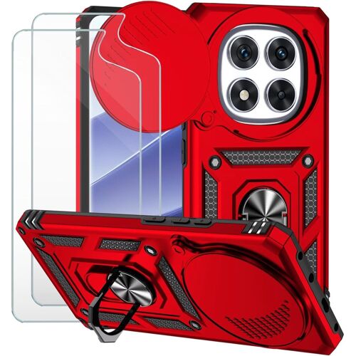 KALANKA-Coque pour Xiaomi Redmi Note 14 Pro 5G/POCO X7 et 2 pièces Protection ecran Lentille Coulissante Couverture Support d`Anneau Rotatif Armor Silicone Étui Antichocr Robuste Durable- Rouge