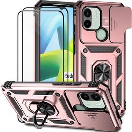Coque Compatible Xiaomi Redmi A1/A1+ Rose - Cache Appareil Photo Coulissant, Anneau Support 360°, Bumpers Tpu+Pc, 2 Verres Trempés Inclus