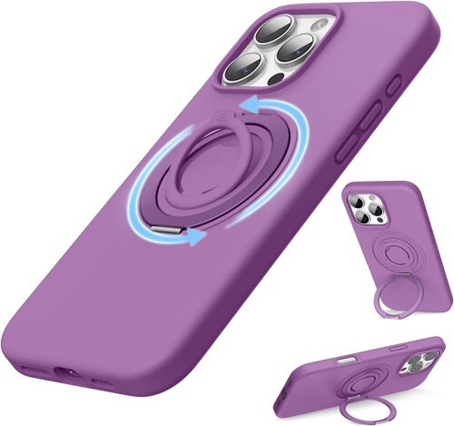 KAL-Coque En Silicone Compatible Avec Iphone 16 Pro Max Avec Anneau Support Rotatif Et Bague Doigt, Silicone Coque De Protection En Microfibre Douce Pour Iphone 16 Pro Max 6,9 Pouces, Orchid Purple
