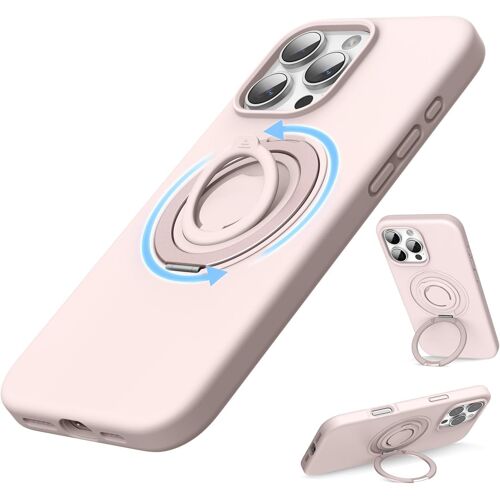 KAL-Coque En Silicone Compatible Avec Iphone 16 Pro Max Avec Anneau Support Rotatif Et Bague Doigt, Silicone Coque De Protection En Microfibre Douce Pour Iphone 16 Pro Max 6,9 Pouces, Rose Clair