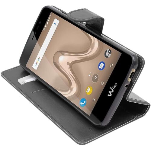 KAL-- Coque Compatible Avec Wiko Tommy 2 Etui Pu Cuir Housse Portefeuille Porte-Cartes Support Stand, Noir [Appareil: 145 X 72.7 X 9.19Mm, 5.0'']