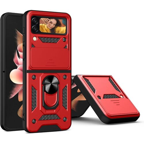 KAL-® Coque Pour Samsung Galaxy Z Flip4 Avec Lentille Coulissante Couverture Et Support Rotatif, Anti-Chute Étui Housse Compatible Avec Support De Voiture Magnétique, Rouge