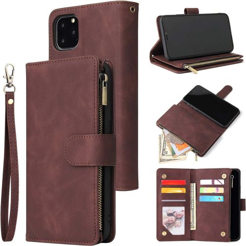 Kal-Coque Pour Iphone 12 Mini 5.4 Inch, Etui En Cuir Pu Portefeuille Rétro Antichoc Flip Case Housse Avec Fentes De Cartes Fonction Support, Fermeture Magnétique - Café