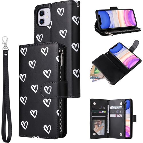 KAL-Coque Pour Iphone 12/Iphone 12 Pro 6.1 Inch, Etui En Cuir Pu Portefeuille Rétro Antichoc Flip Case Housse Avec Fentes De Cartes Fonction Support, Fermeture Magnétique - Amour Noir