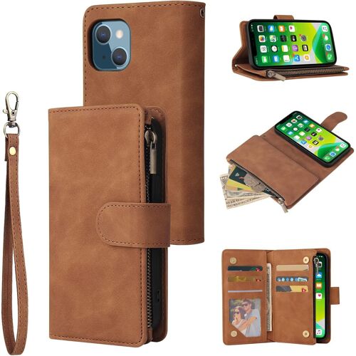 KAL-Coque Pour Iphone 13 6.1 Inch, Etui En Cuir Pu Portefeuille Rétro Antichoc Flip Case Housse Avec Fentes De Cartes Fonction Support, Fermeture Magnétique - Brun