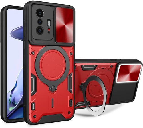 KAL-Coque Pour Xiaomi 11T Pro 5G / Xiaomi 11T 5G, Texture Métal Avancée Antichoc Armure Rigide Pc Housse, Mate Silicone Tpu Bumper Étui Avec Bague Support Et Caméra Couvercle (Rouge)