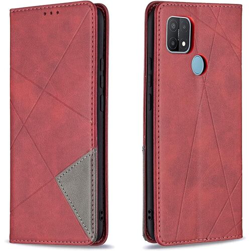 KAL-Coque Pour Oppo A15, Housse Portefeuille En Cuir Etui De Protection Avec Slim Tpu Silicone Bumper Antichoc Magnétique Flip Case, Porte Cartes Avec Fonction Support Cover Pu Pochette (Rouge)