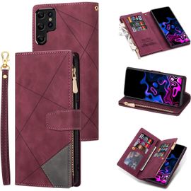 Coque Pour Samsung Galaxy S23 Ultra, Etui En Cuir Pu Portefeuille Rtro Antichoc Flip Case Anti-Choc Housse Avec Fentes De Cartes Fonction Support, Fermeture Magntique - Diamant Vin Rouge