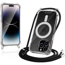 Tianyi-Coque De Protection Pour Iphone 14 Pro Max - Avec Bande Et Magsafe - Chaîne De Téléphone Portable Magnétique Pour Iphone 14 Pro Max - Aimant - Coque De Protection Transparente Noire - Chaîne