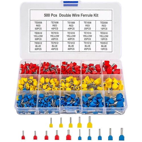 Kit d'embouts à double fil, bornes de virole de fil 500pcs, bornes à goupille de sertissage isolées de virole, Cor